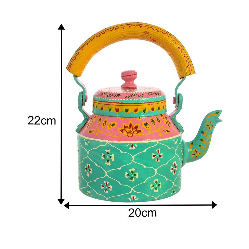 HandPainted Alluminium Tea Kettle with 6 Glasses and Wooden Tray For Home Décor , Tea Party , Serving - Image 3