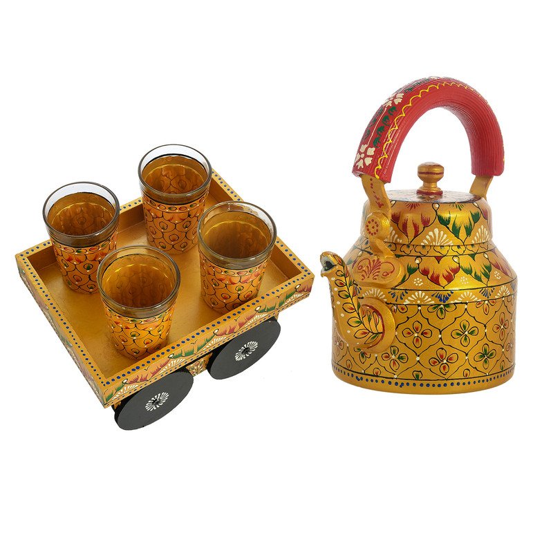HandPainted Alluminium Tea Kettle with Four Glasses and Wooden Tray For Home Décor , Tea Party , Serving