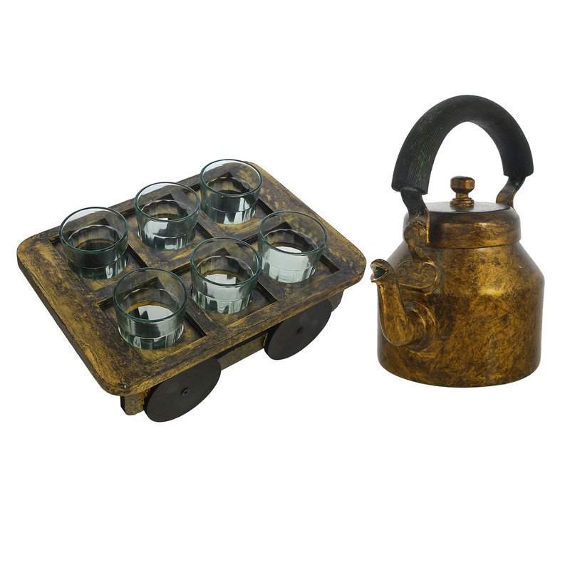 HandPainted Alluminium Tea Kettle with 6 Glasses and Wooden Tray For Home Décor , Tea Party , Serving - Image 2