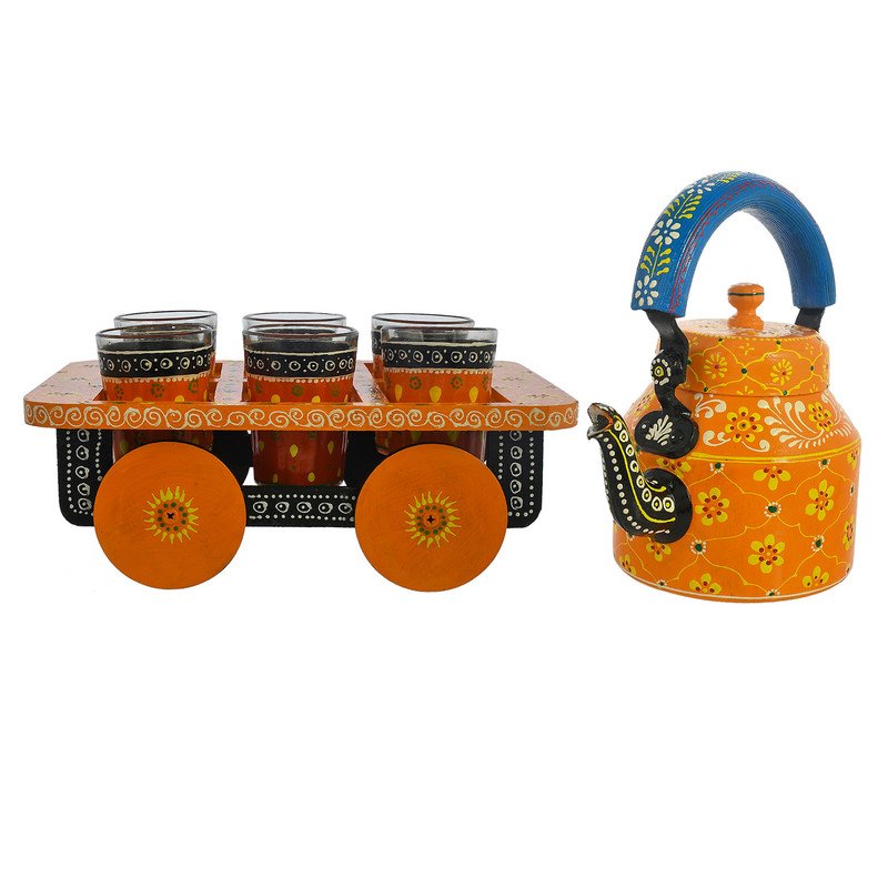 HandPainted Alluminium Tea Kettle with 6 Glasses and Wooden Tray For Home Décor , Tea Party , Serving - Image 5