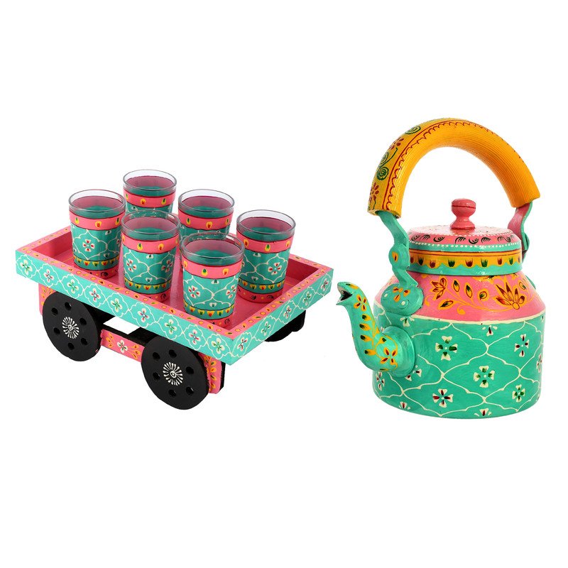 HandPainted Alluminium Tea Kettle with 6 Glasses and Wooden Tray For Home Décor , Tea Party , Serving - Image 5