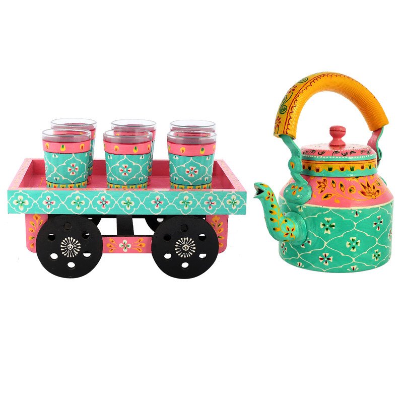 HandPainted Alluminium Tea Kettle with 6 Glasses and Wooden Tray For Home Décor , Tea Party , Serving - Image 2