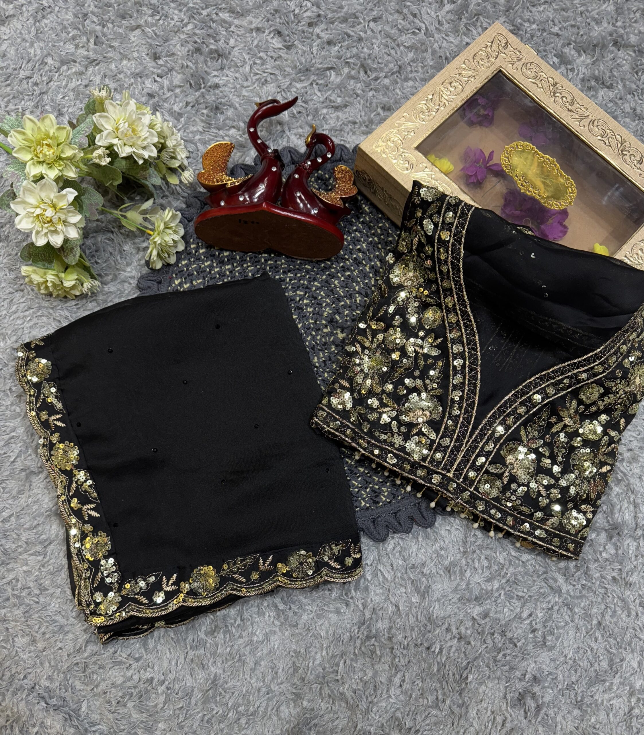 Women's Elegant Black Georgette/Chiffon Saree with Intricate Gold & Silver Embellished Border – Paired with Heavy Sequin & Zari Work Blouse for Festive & Wedding Wear - Image 9