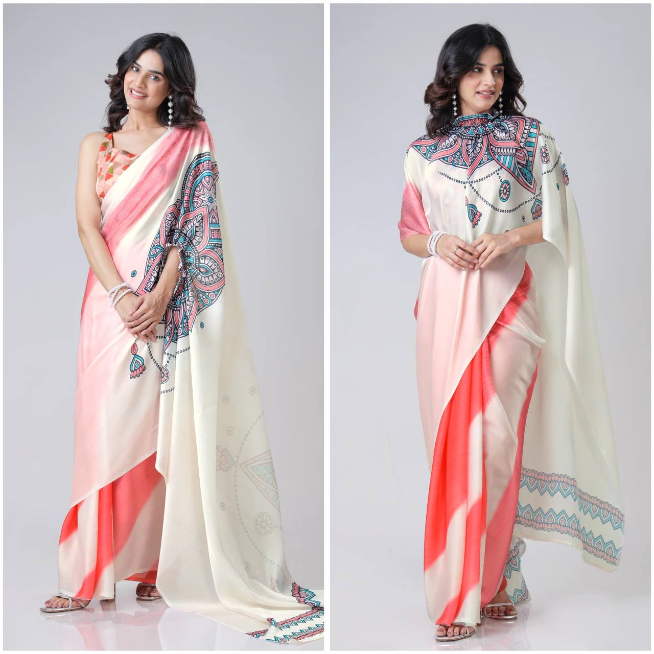Women's Modern Dual-Tone Peach & Off-White Satin Silk Kaftan Saree with Digital Print Neck Design - Image 19