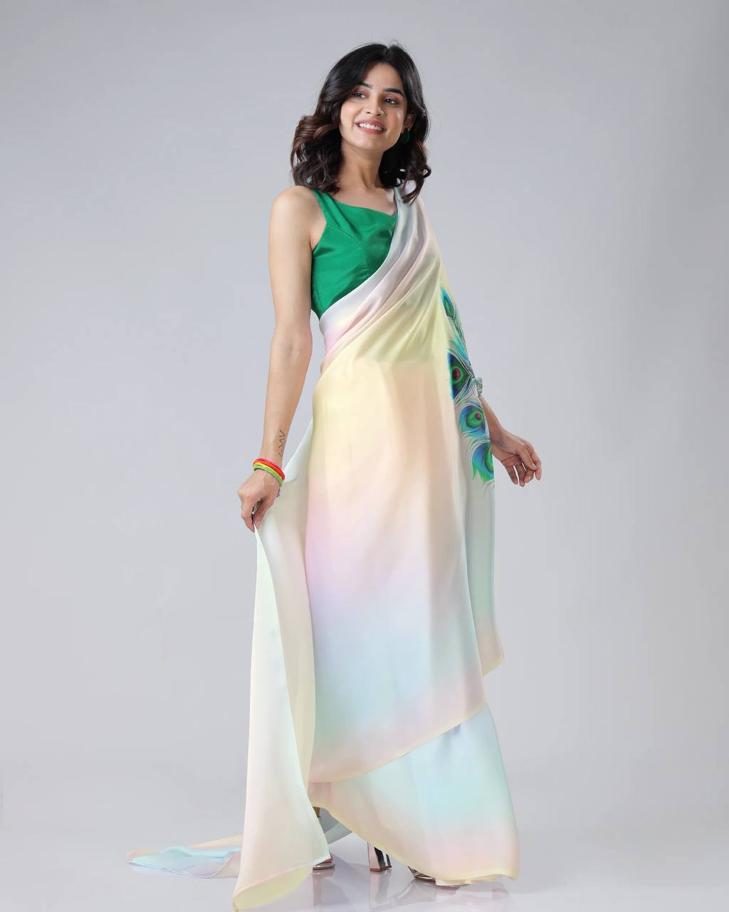 Women's Modern Dual-Tone Peach & Off-White Satin Silk Kaftan Saree with Digital Print Neck Design - Image 6