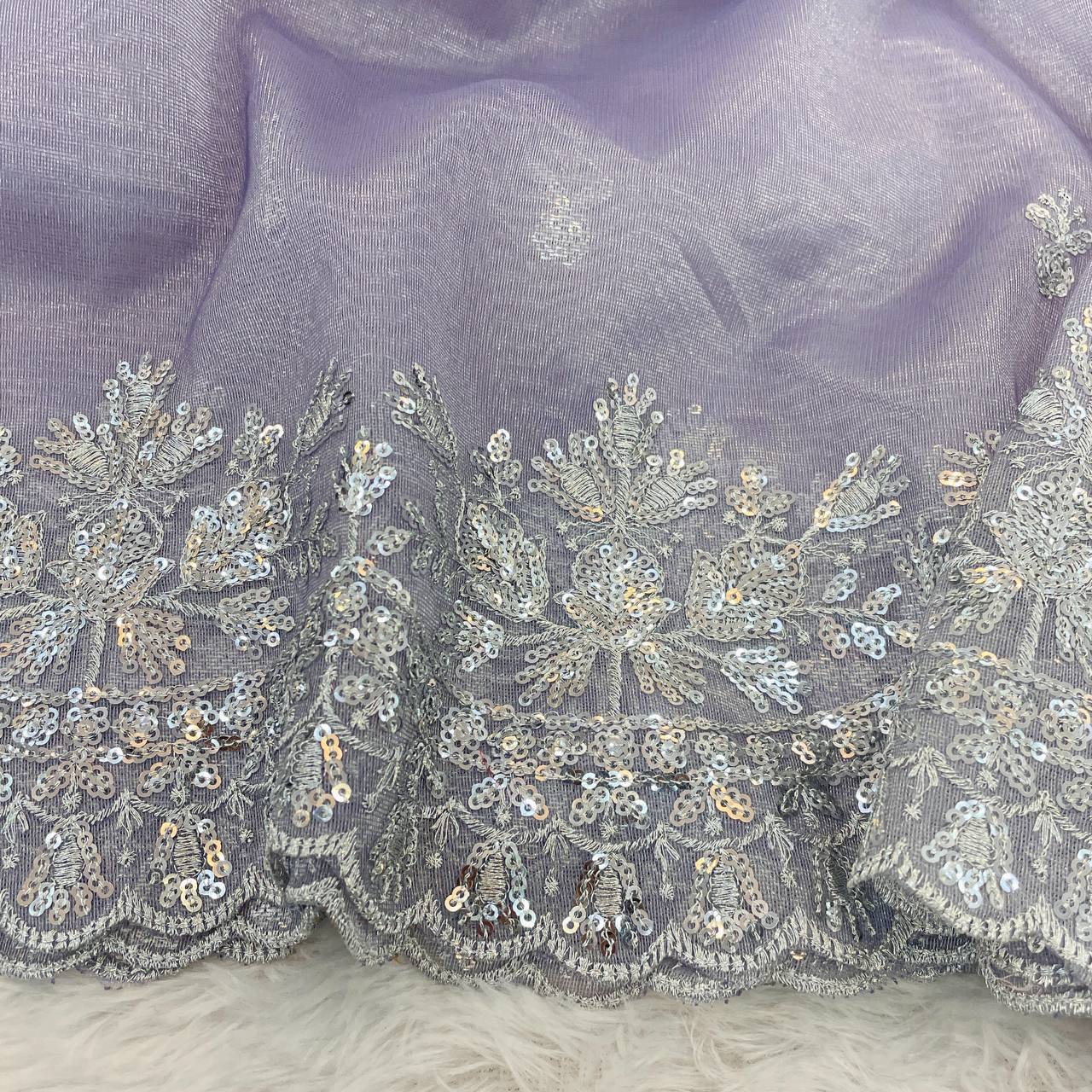 Women's Dreamy Lavender Twill Net Saree with All-Over Silver Sequin & Thread Embroidery – Complete with Heavily Worked Border for Festive & Wedding Wear