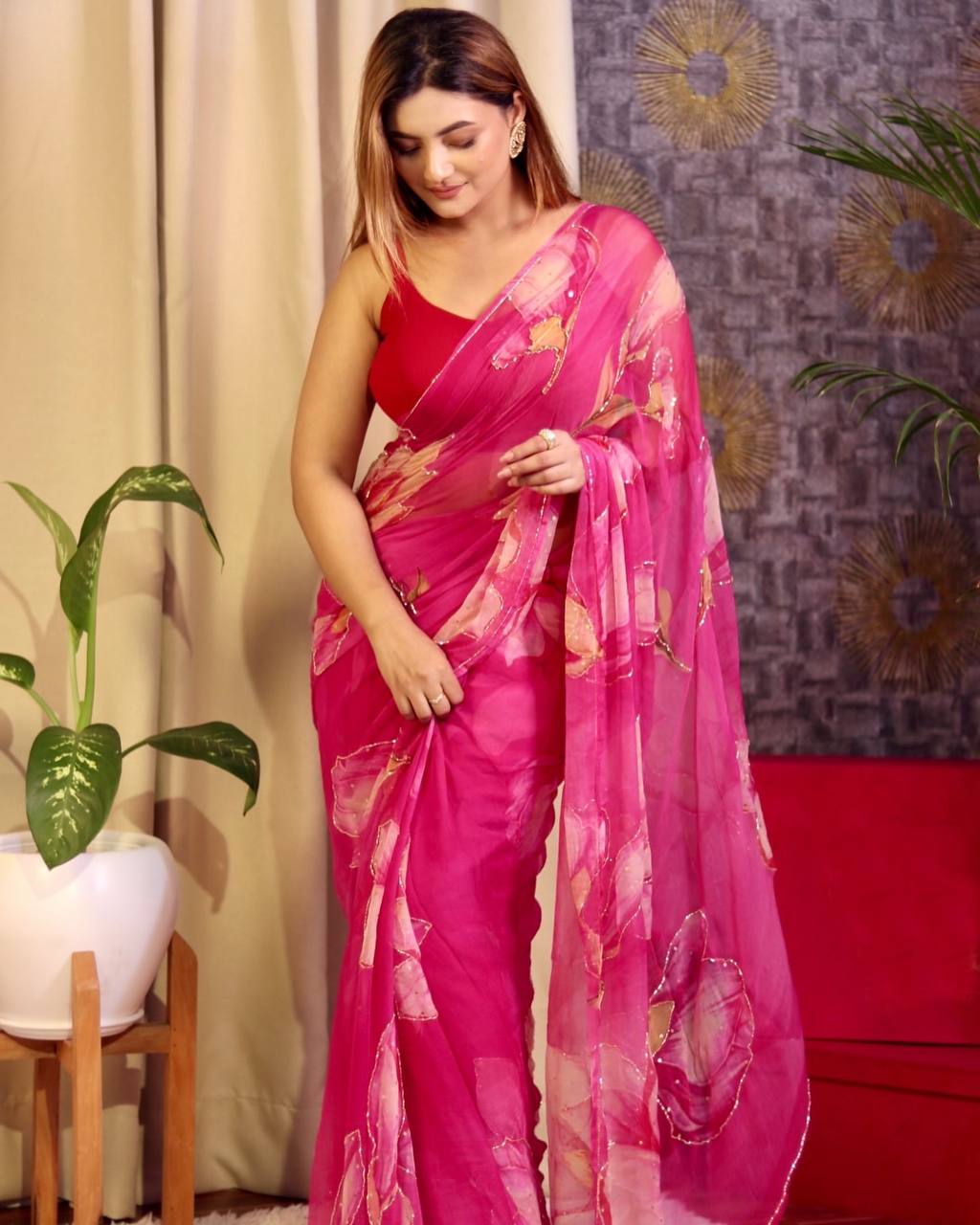 Women's Vibrant Rani Pink Floral Japanese Chiffon Saree with Hand-Painted/Printed Motifs – Perfect for Summer & Casual Festive Wear - Image 2