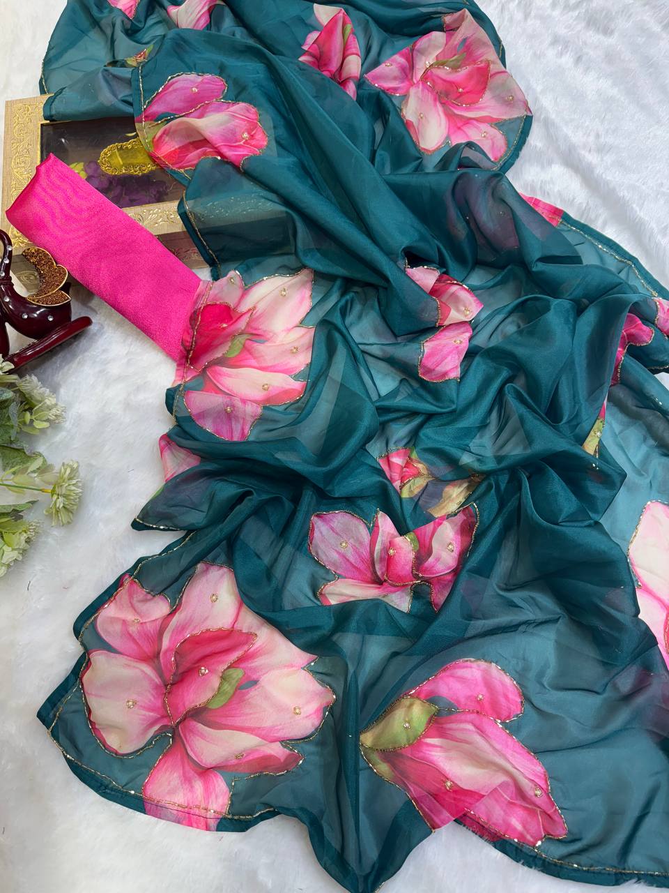 Women's Vibrant Rani Pink Floral Japanese Chiffon Saree with Hand-Painted/Printed Motifs – Perfect for Summer & Casual Festive Wear - Image 11