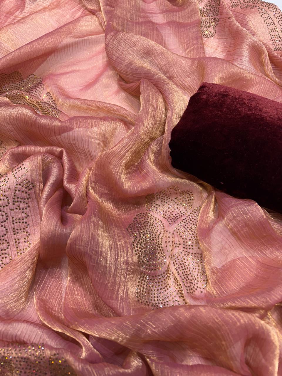 Women's Glamorous Rose Gold Shimmer Saree with All-Over Diamond & Sequin Embellishments – Paired with Luxurious Maroon Velvet Blouse for Festive & Wedding Wear - Image 5