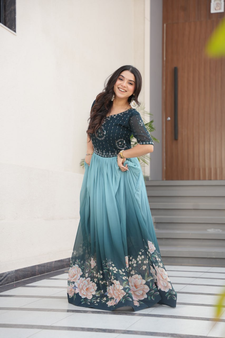 Women's Cotton Floral Printed Anarkali Gown Dress with Embellished Bodice – Party Wear - Image 2