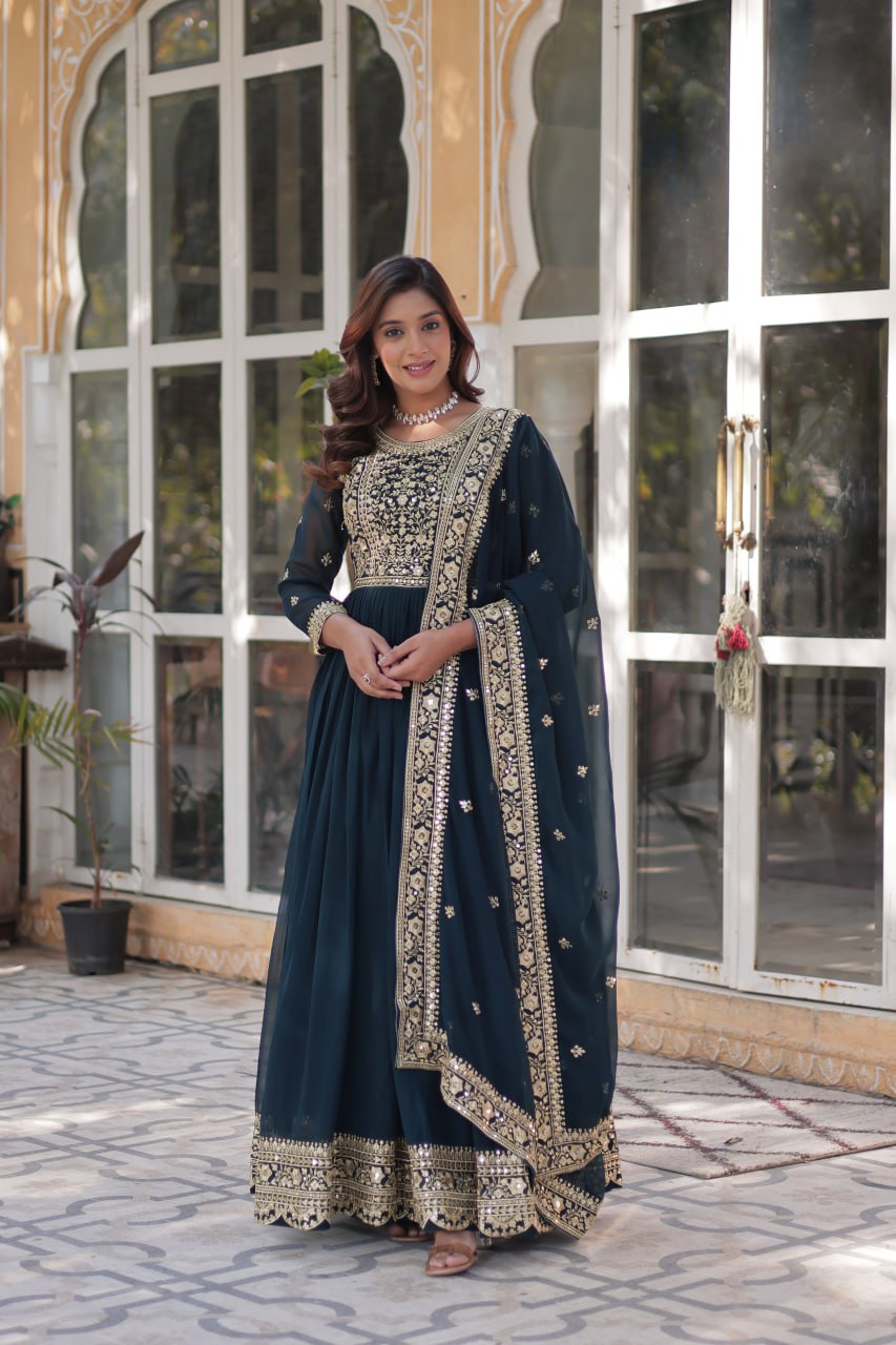 Women's Cotton Embroidered Anarkali Gown with Dupatta - Image 2
