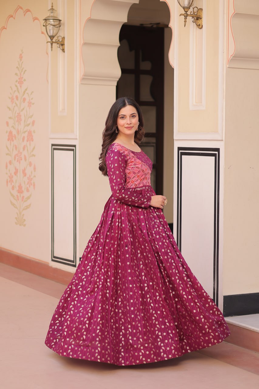 Women's Cotton Printed Anarkali Gown Dress with Embroidered Yoke Design - Image 2