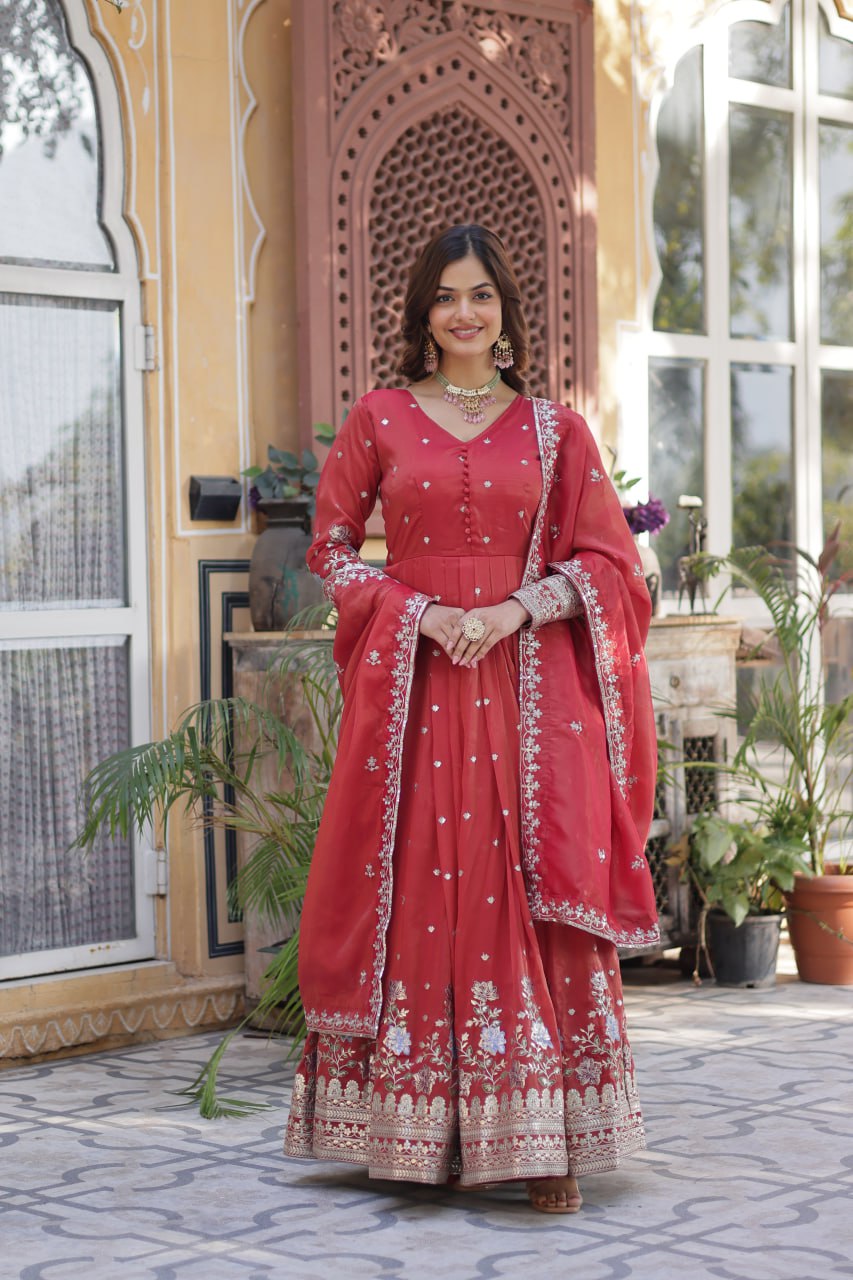 Women's Cotton Embroidered Anarkali Gown With Dupatta Set – Festive Wear