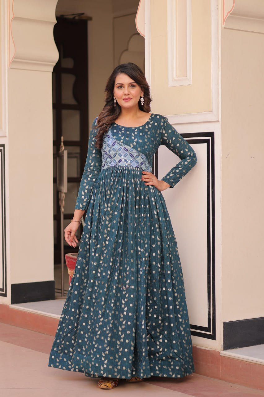 Women's Cotton Printed Anarkali Gown Dress with Embroidered Yoke Design - Image 21