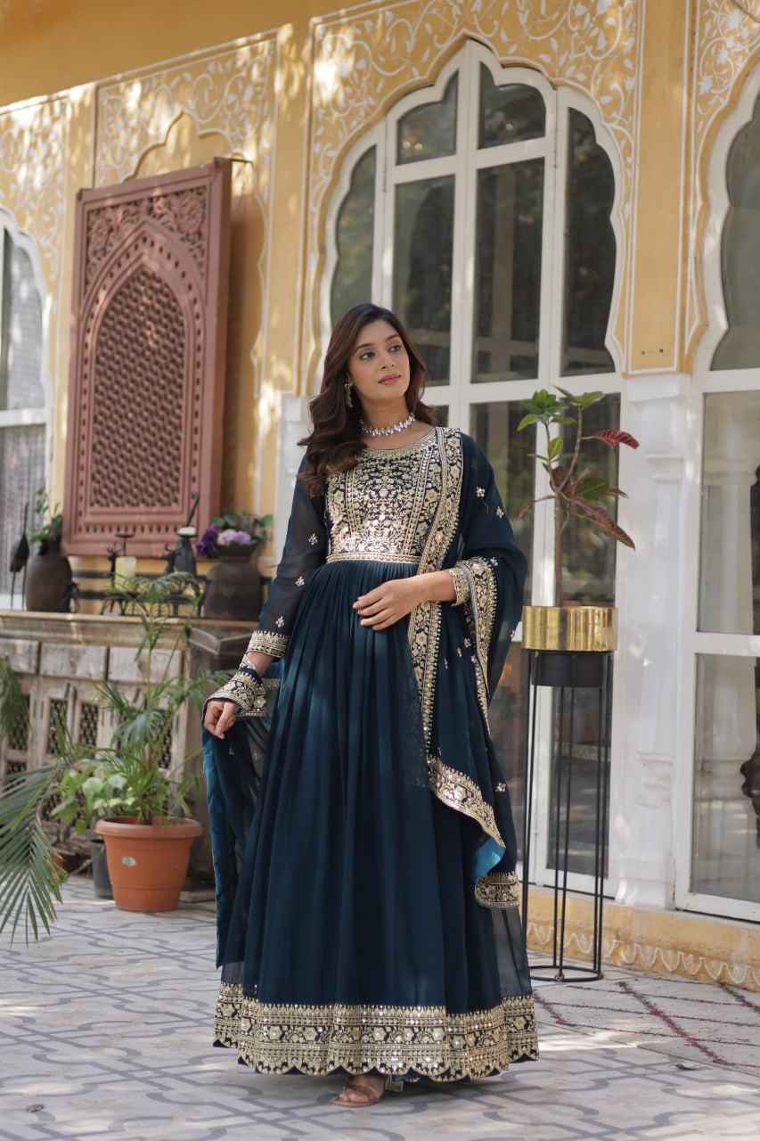 Women's Cotton Embroidered Anarkali Gown with Dupatta - Image 9