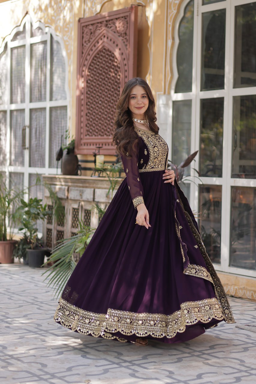 Women's Cotton Embroidered Anarkali Gown with Dupatta - Image 17