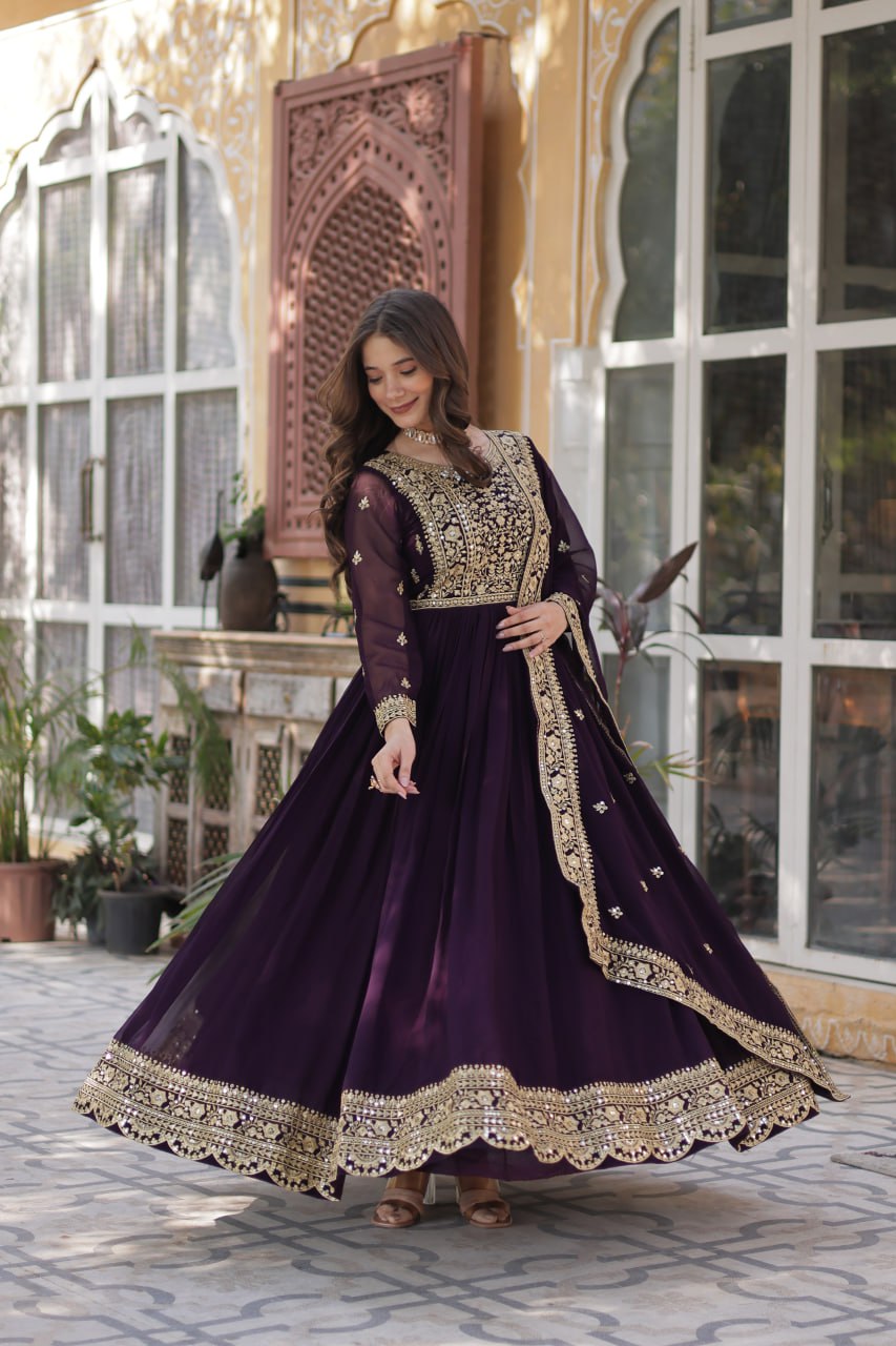 Women's Cotton Embroidered Anarkali Gown with Dupatta - Image 18