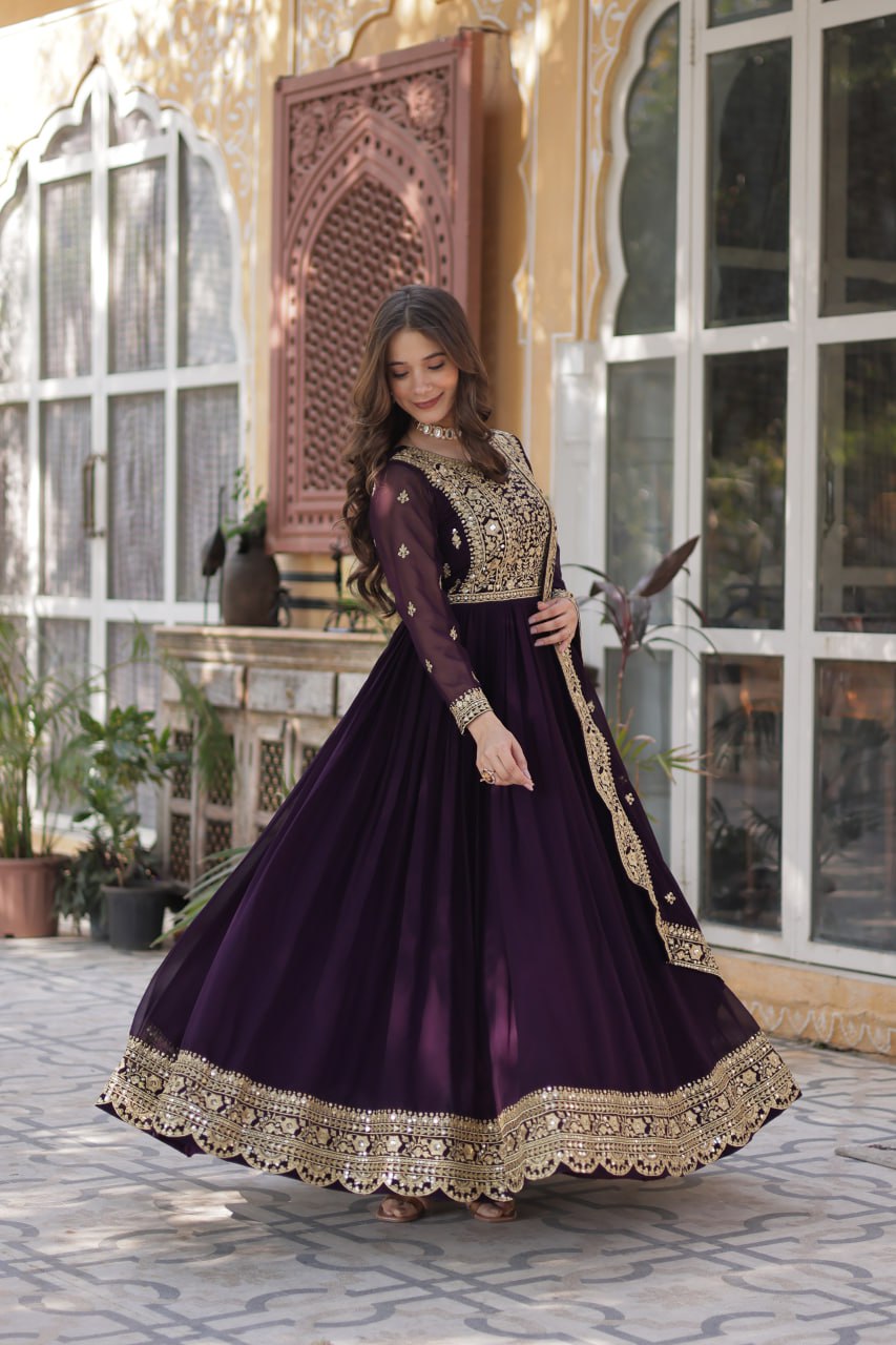 Women's Cotton Embroidered Anarkali Gown with Dupatta - Image 19
