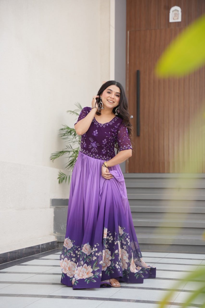 Women's Cotton Floral Printed Anarkali Gown Dress with Embellished Bodice – Party Wear - Image 18