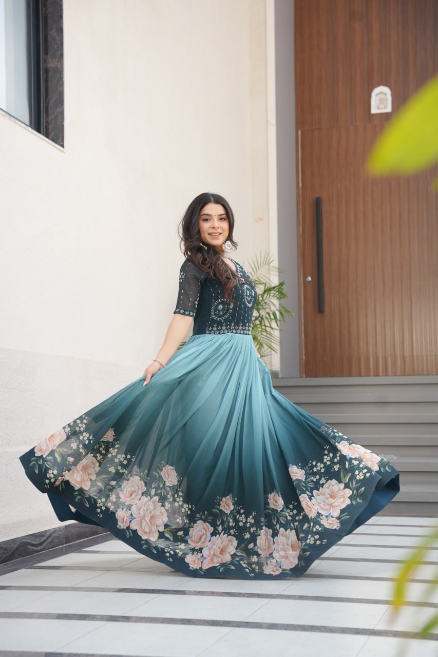 Women's Cotton Floral Printed Anarkali Gown Dress with Embellished Bodice – Party Wear - Image 25