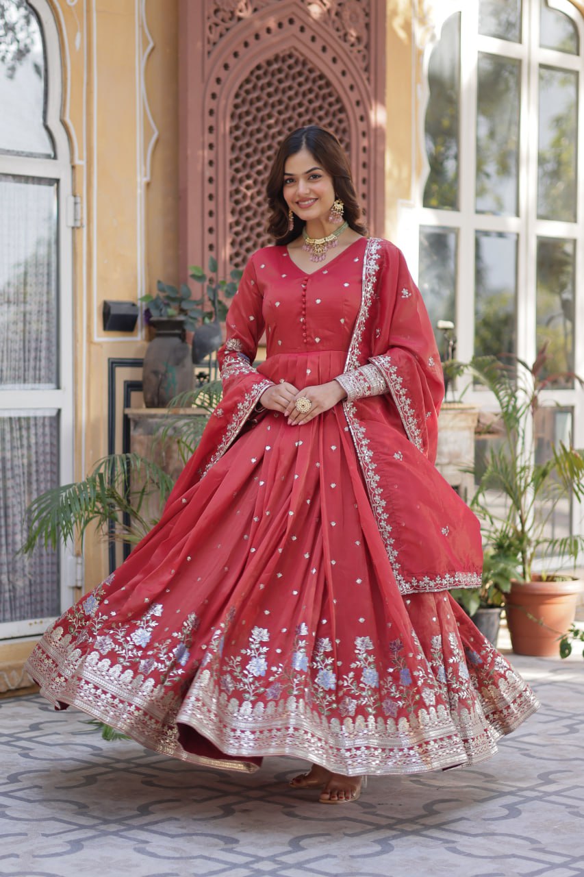 Women's Cotton Embroidered Anarkali Gown With Dupatta Set – Festive Wear - Image 14
