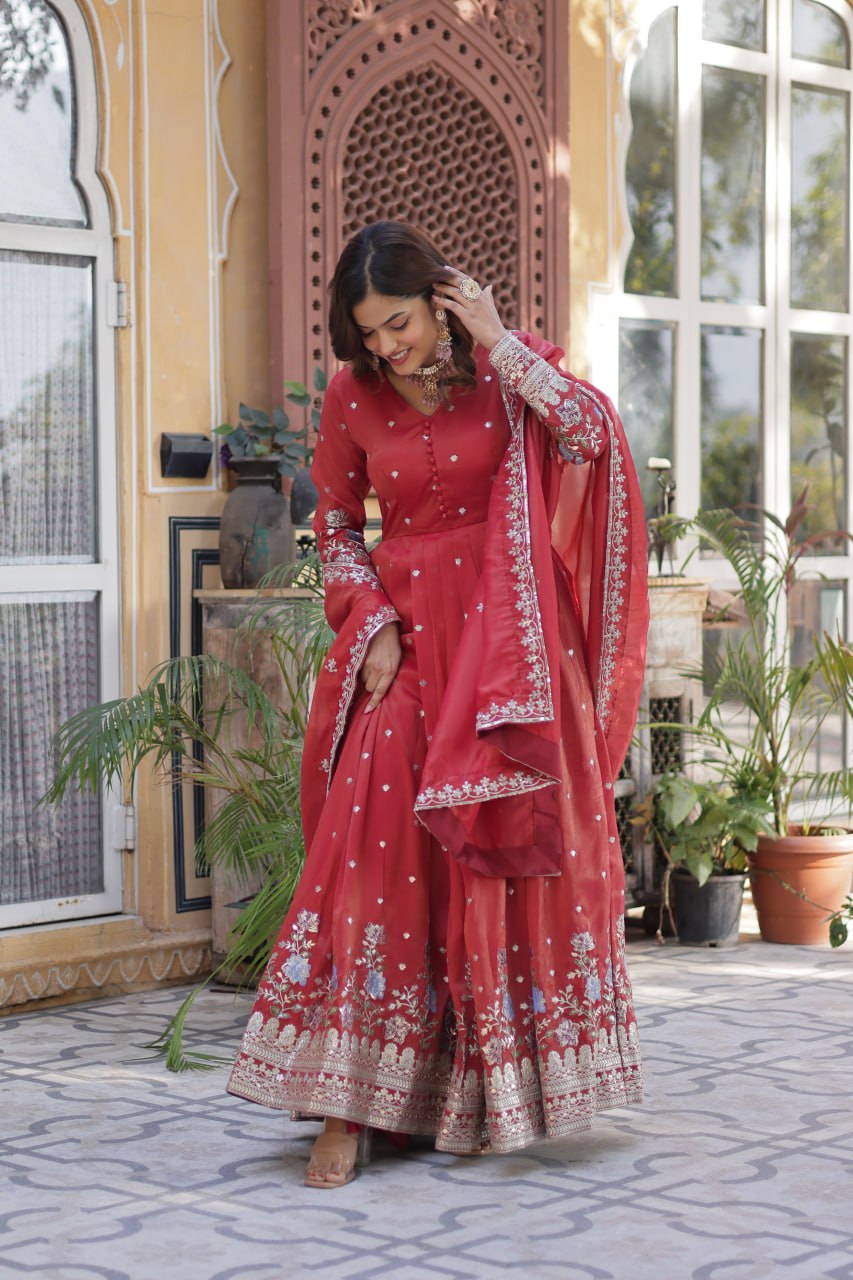 Women's Cotton Embroidered Anarkali Gown With Dupatta Set – Festive Wear - Image 16
