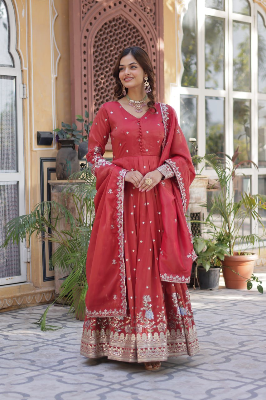 Women's Cotton Embroidered Anarkali Gown With Dupatta Set – Festive Wear - Image 17