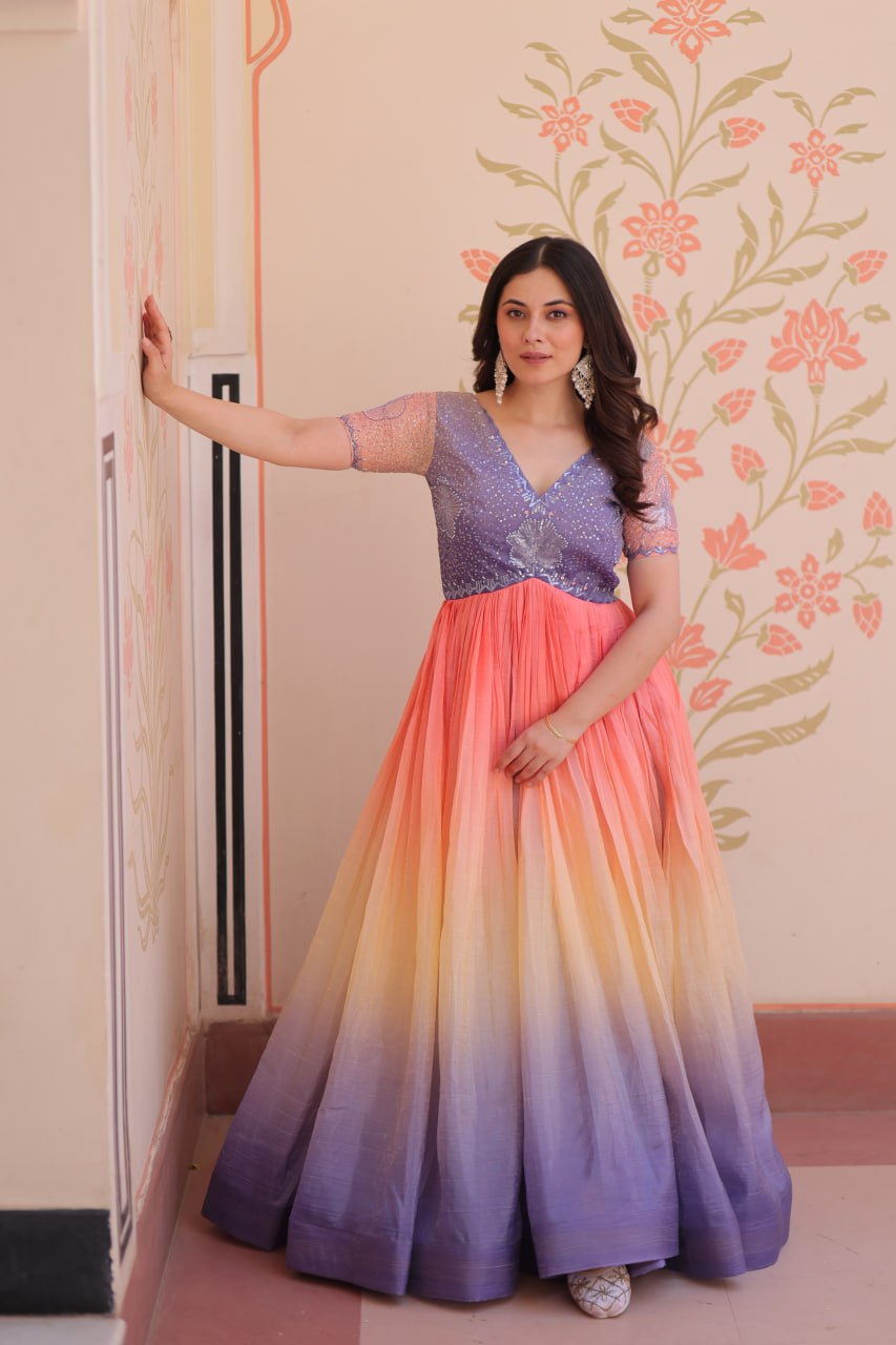 Women's Cotton Ombre Anarkali Gown Dress with Sequin Embroidered Net Sleeves - Image 11