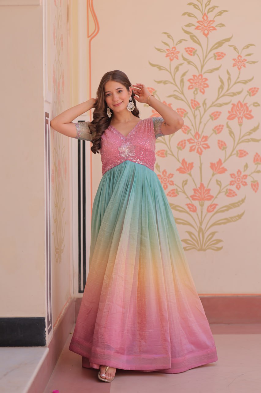 Women's Cotton Ombre Anarkali Gown Dress with Sequin Embroidered Net Sleeves - Image 14