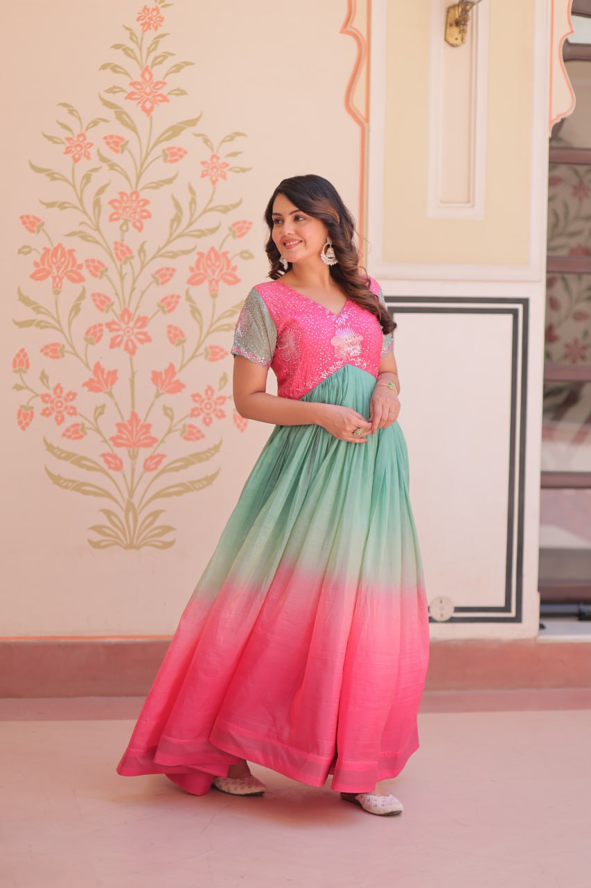 Women's Cotton Ombre Anarkali Gown Dress with Sequin Embroidered Net Sleeves - Image 25