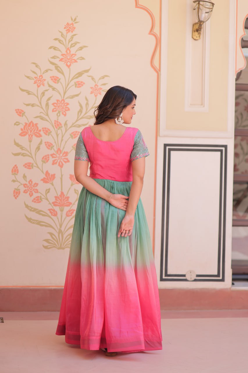 Women's Cotton Ombre Anarkali Gown Dress with Sequin Embroidered Net Sleeves - Image 28