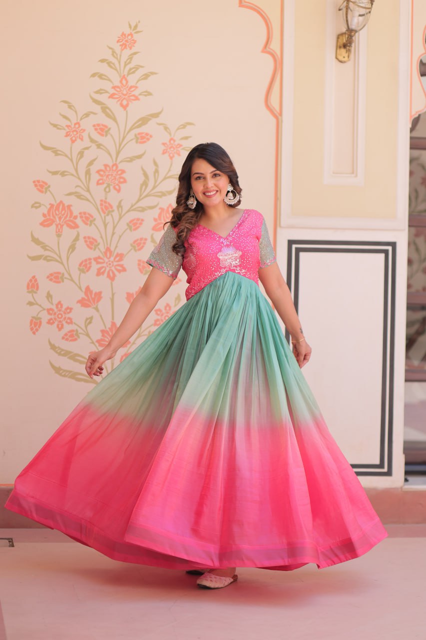 Women's Cotton Ombre Anarkali Gown Dress with Sequin Embroidered Net Sleeves - Image 29