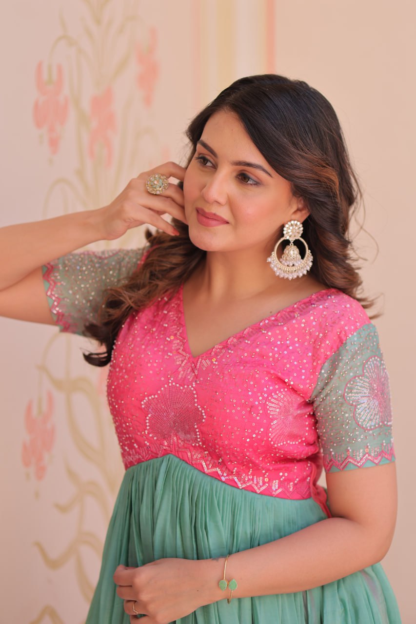 Women's Cotton Ombre Anarkali Gown Dress with Sequin Embroidered Net Sleeves - Image 30