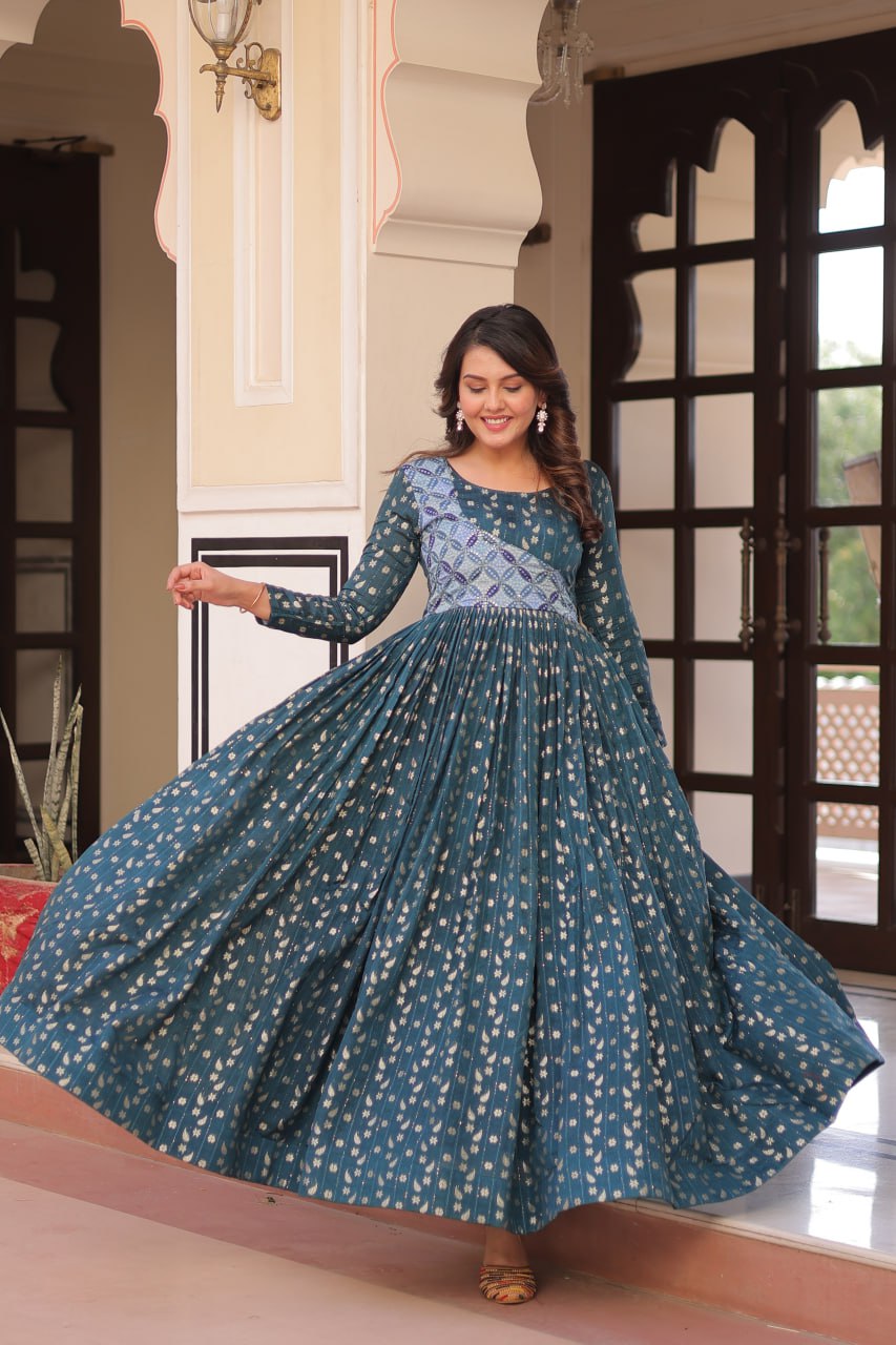 Women's Cotton Printed Anarkali Gown Dress with Embroidered Yoke Design - Image 8