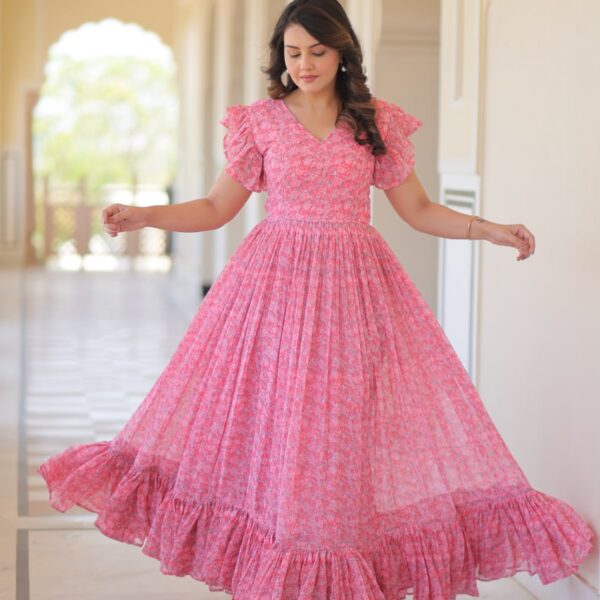 Women's Cotton Floral Printed Ruffle Anarkali Gown Dress (Pink)