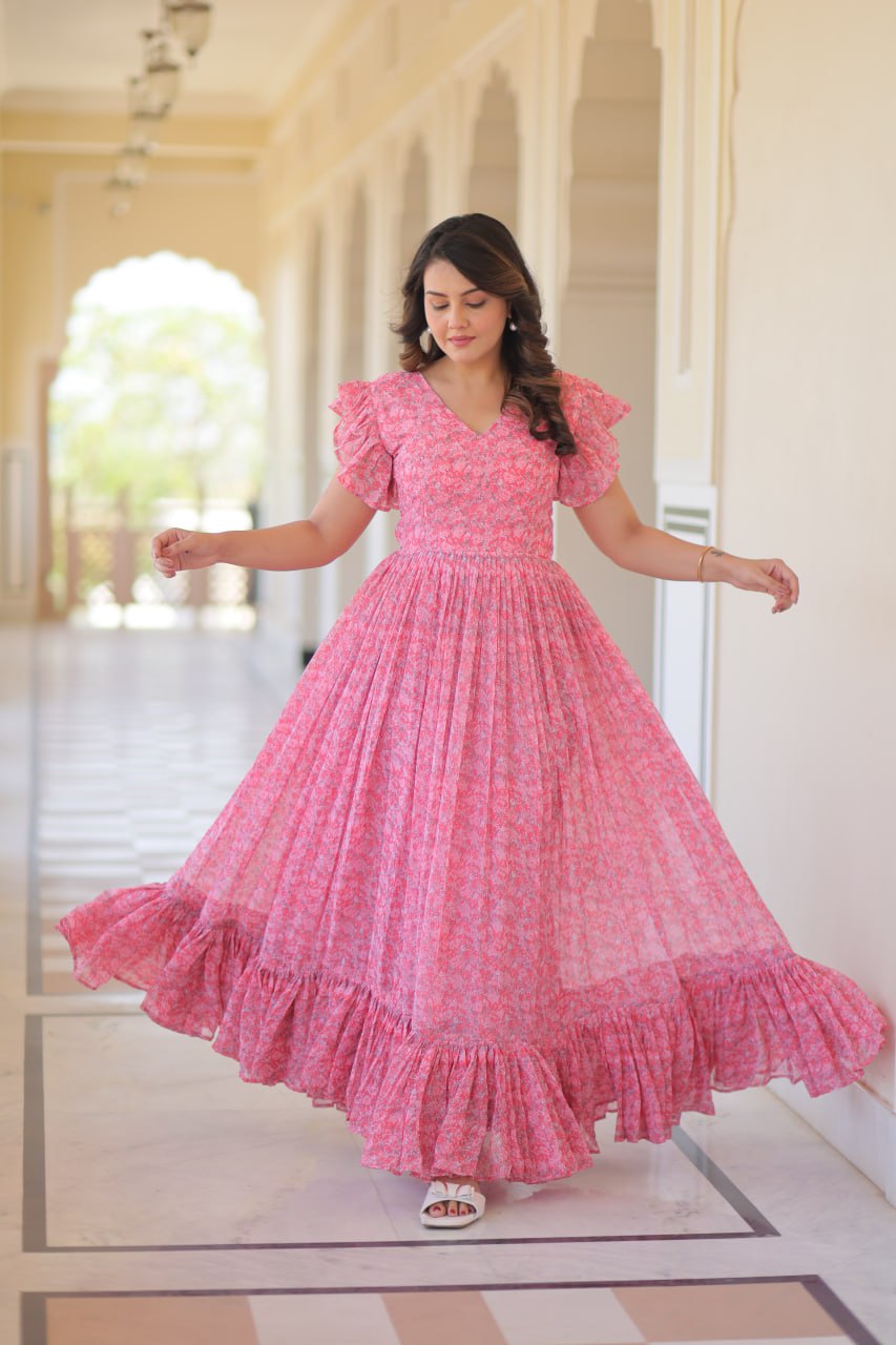 Women's Cotton Floral Printed Ruffle Anarkali Gown Dress (Pink) - Image 2