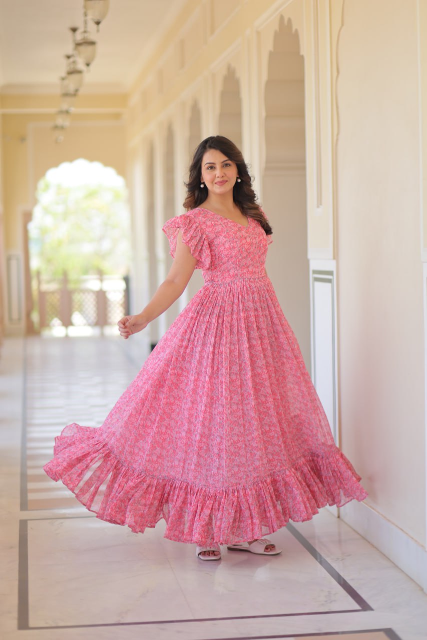 Women's Cotton Floral Printed Ruffle Anarkali Gown Dress (Pink) - Image 3