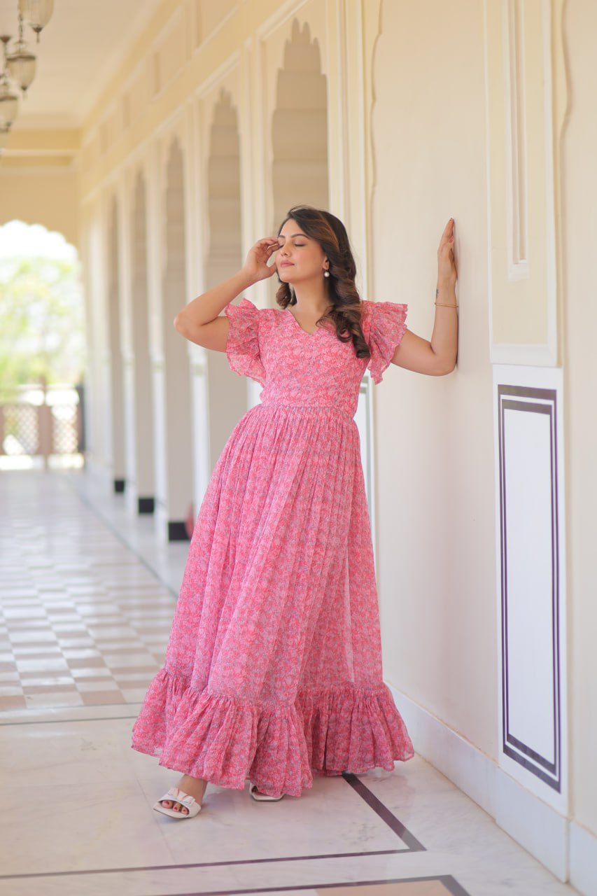 Women's Cotton Floral Printed Ruffle Anarkali Gown Dress (Pink) - Image 5