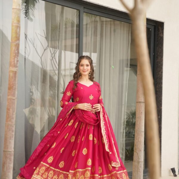 Women's Cotton Embroidered Anarkali Gown With Dupatta Set