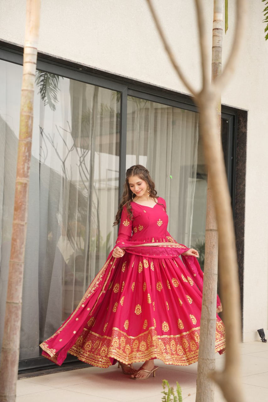 Women's Cotton Embroidered Anarkali Gown With Dupatta Set - Image 3